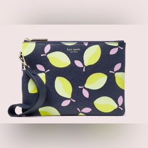 NWOT Kate Spade Lemons Print Wristlet Blue Yellow Pouch Clutch Purse $88 MSRP